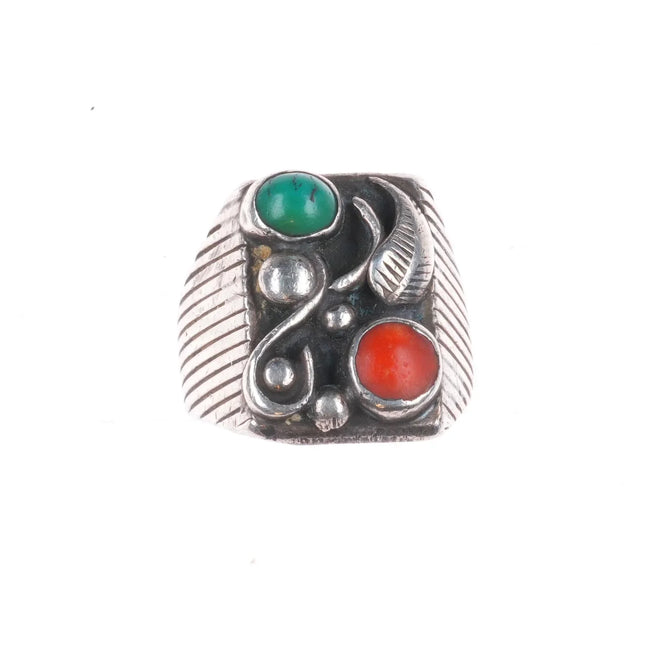 sz9 Vintage Navajo Mary Claw sterling silver, turquoise, coral ring c1970's