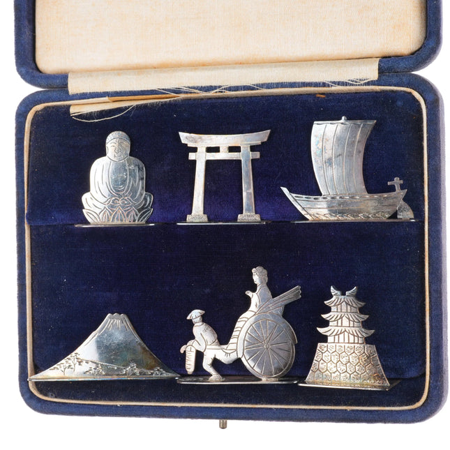 40's-50's Japanese Buddha/Asian themed sterling silver place card holder set
