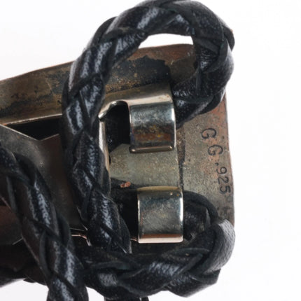 Vintage GG Navajo sterling silver double turquoise bolo tie w/feather design