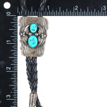 Vintage GG Navajo sterling silver double turquoise bolo tie w/feather design