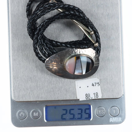 Vintage southwestern sterling silver shell, onyx inlay modernist bolo tie