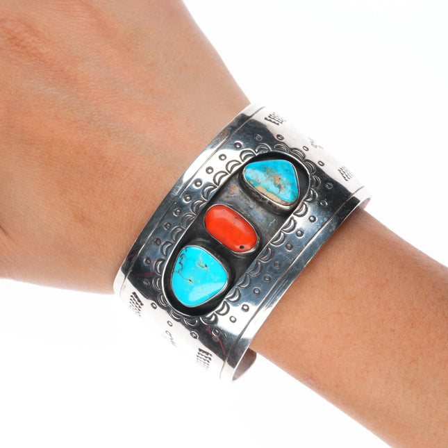 7" big vintage Navajo sterling silver, turquoise, coral shadowbox cuff bracelet