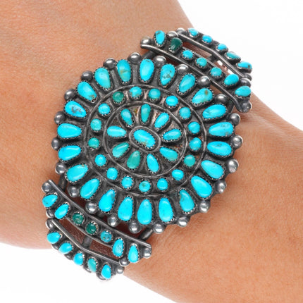 6.1" c1940's Zuni sterling silver natural turquoise cluster cuff bracelet