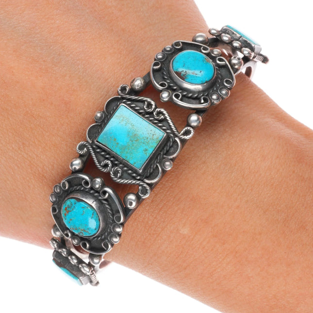 6.6" 40's-50's Navajo sterling silver cuff bracelet w/ fancy twisted wire bezels