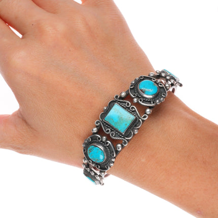 6.6" 40's-50's Navajo sterling silver cuff bracelet w/ fancy twisted wire bezels