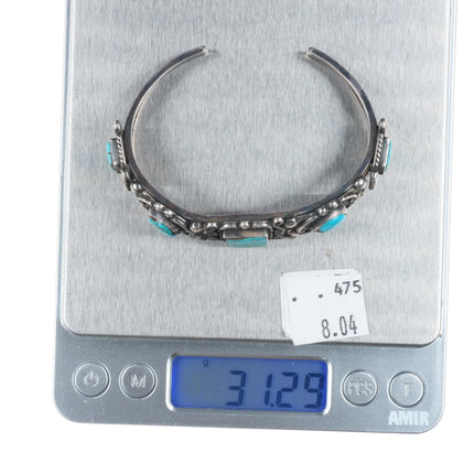 6.6" 40's-50's Navajo sterling silver cuff bracelet w/ fancy twisted wire bezels