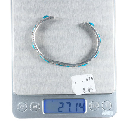 6.25" Vintage sterling silver rope border turquoise row cuff bracelet