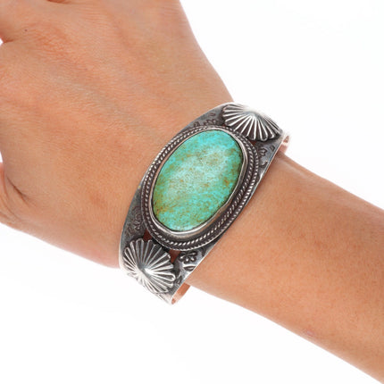 6.6" c1940's Navajo hand stamped sterling silver large turquoise cuff bracelet