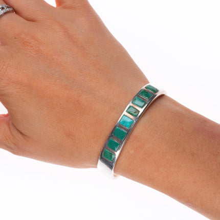 6.1" Vintage Navajo sterling silver green turquoise channel inlay cuff bracelet