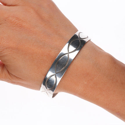 8" Vintage Navajo hand stamped sterling silver wide band bangle bracelet