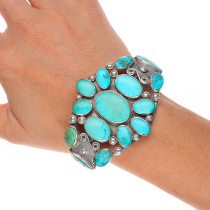 6.5" 30's-40's Navajo turquoise cluster vintage cuff bracelet sterling silver