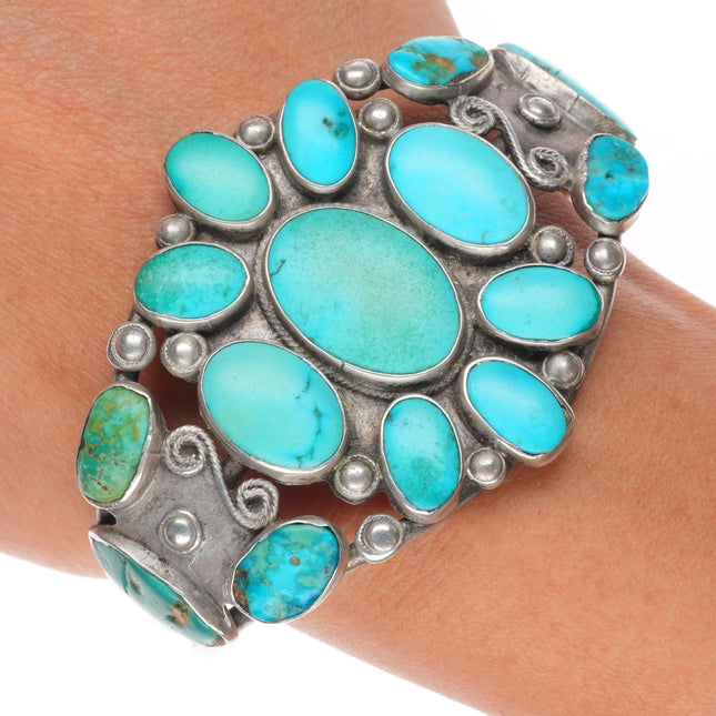 6.5" 30's-40's Navajo turquoise cluster vintage cuff bracelet sterling silver