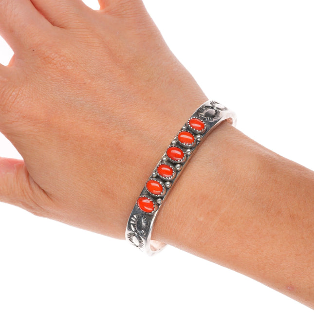 6.6" Vintage Navajo sterling silver Mediterranean coral row cuff bracelet