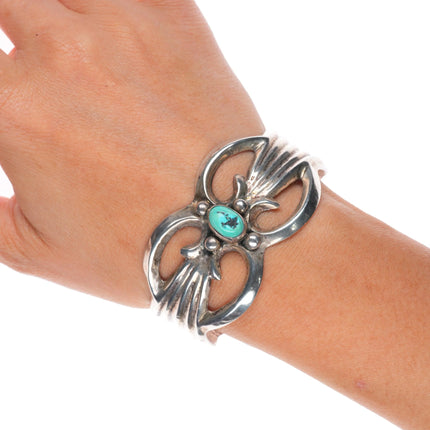 6.35" Vintage Navajo sterling silver cast cuff bracelet with turquoise