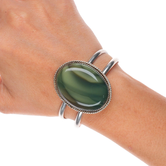 6" Vintage southwestern sterling silver green banded agate cuff bracelet