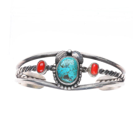 6.3" 50's-60's Navajo sterling silver turquoise, coral, cuff bracelet feather