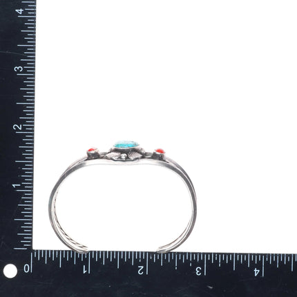 6.3" 50's-60's Navajo sterling silver turquoise, coral, cuff bracelet feather