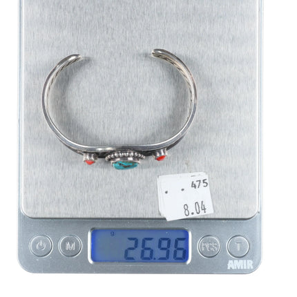 6.3" 50's-60's Navajo sterling silver turquoise, coral, cuff bracelet feather