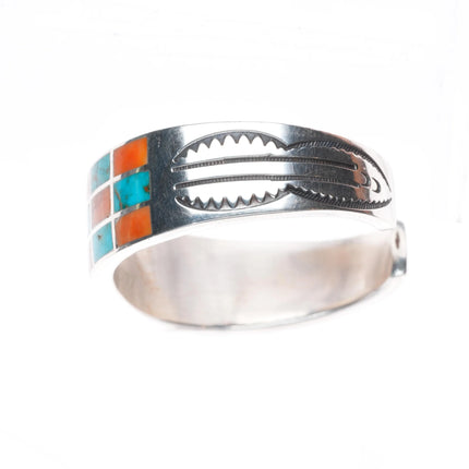 6" 40's-50's Zuni sterling silver spiny oyster/turquoise inlay cuff bracelet