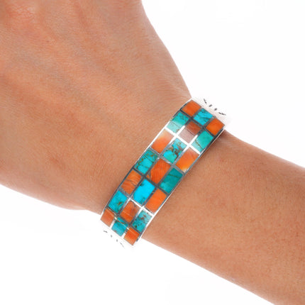 6" 40's-50's Zuni sterling silver spiny oyster/turquoise inlay cuff bracelet