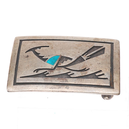 c1950's Navajo Overlay turquoise inlaid sterling silver roadrunner  belt buckle