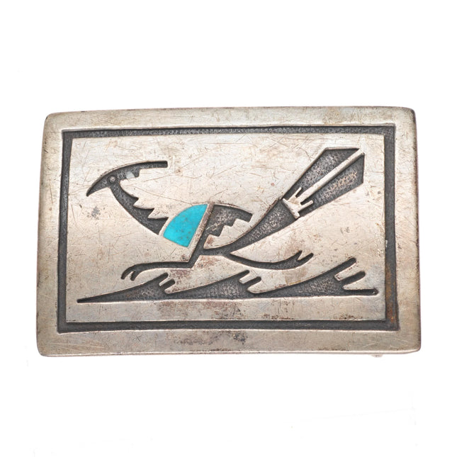 c1950's Navajo Overlay turquoise inlaid sterling silver roadrunner  belt buckle