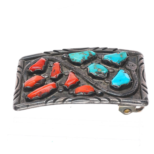Vintage Angie Cheama Zuni sterling silver, turquoise, coral snake belt buckle