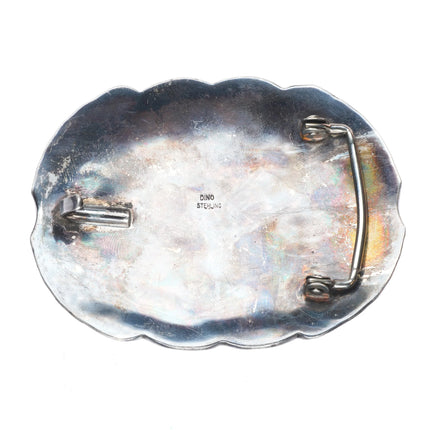 Big 70's Dino Navajo vintage sterling silver turquoise featherwork belt buckle