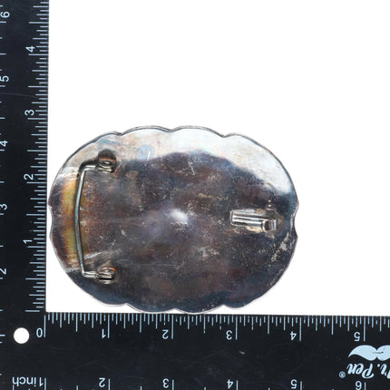 Big 70's Dino Navajo vintage sterling silver turquoise featherwork belt buckle