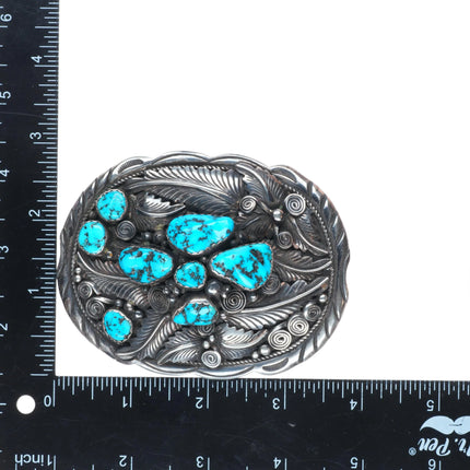 Big 70's Dino Navajo vintage sterling silver turquoise featherwork belt buckle