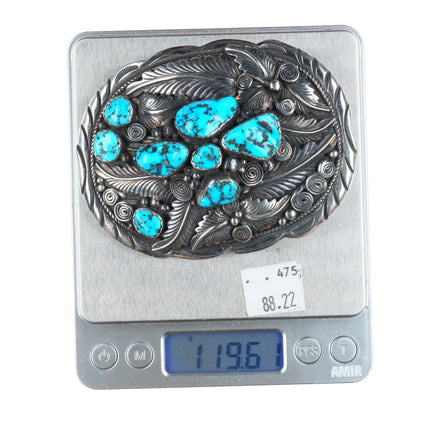 Big 70's Dino Navajo vintage sterling silver turquoise featherwork belt buckle