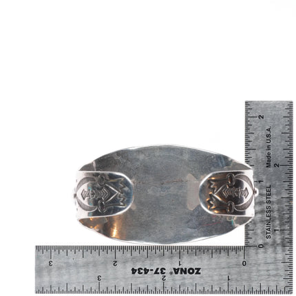 7" 20's-30's Navajo ingot silver repousse hand stamped cuff bracelet w/turquoise