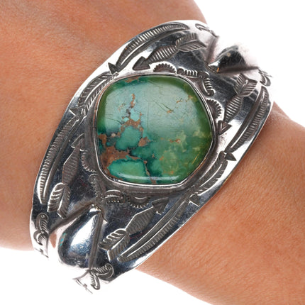 7" 20's-30's Navajo ingot silver repousse hand stamped cuff bracelet w/turquoise