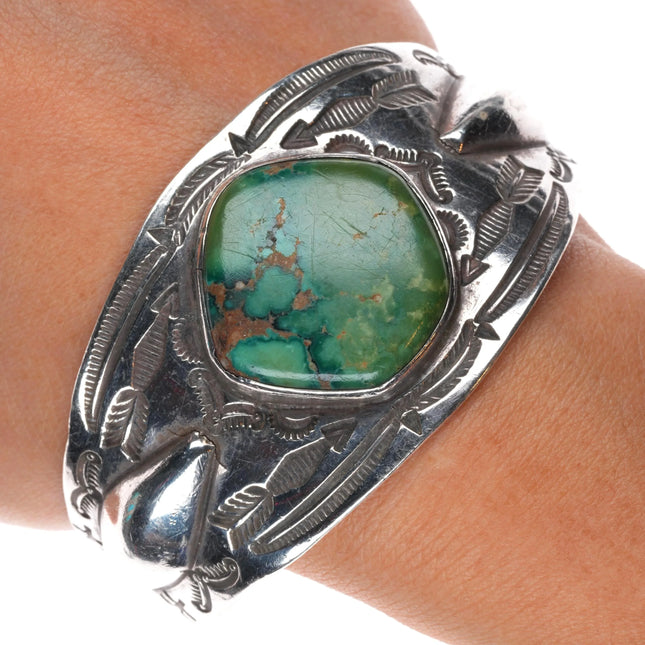 7" 20's-30's Navajo ingot silver repousse hand stamped cuff bracelet w/turquoise