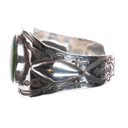 7" 20's-30's Navajo ingot silver repousse hand stamped cuff bracelet w/turquoise