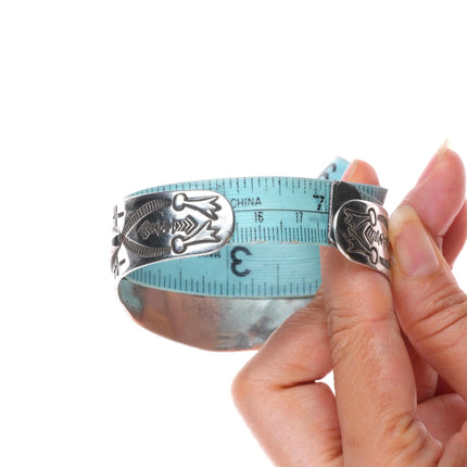7" 20's-30's Navajo ingot silver repousse hand stamped cuff bracelet w/turquoise