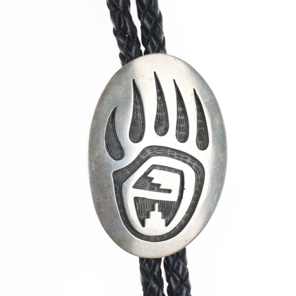 Vintage Gene Pooyouma Hopi Overlay bear paw bolo tie sterling silver