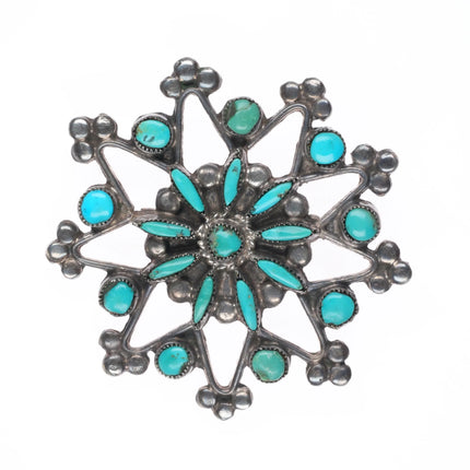 40's Zuni sterling silver petit point/snake eye turquoise snowflake pin/brooch