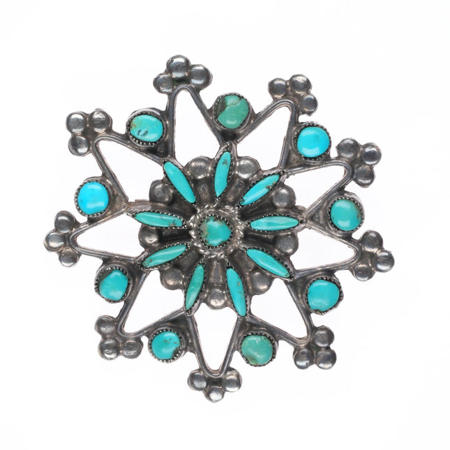 40's Zuni sterling silver petit point/snake eye turquoise snowflake pin/brooch
