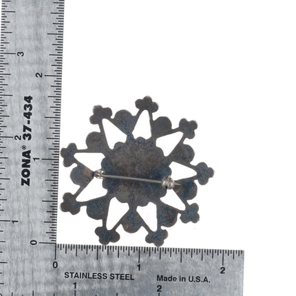 40's Zuni sterling silver petit point/snake eye turquoise snowflake pin/brooch