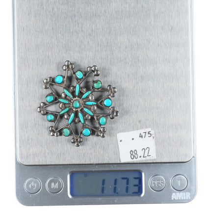 40's Zuni sterling silver petit point/snake eye turquoise snowflake pin/brooch
