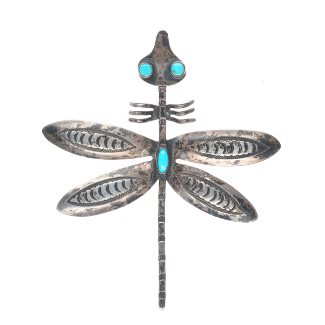 1950's Navajo sterling silver dragonfly brooch/pin w/turquoise eyes