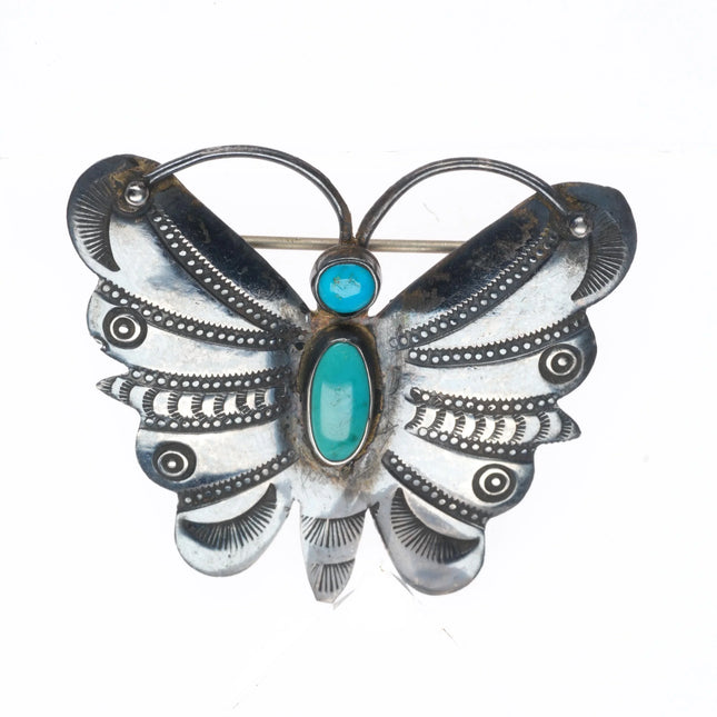 c1940's Navajo sterling silver hand stamped butterfly pin/brooch w/turquoise