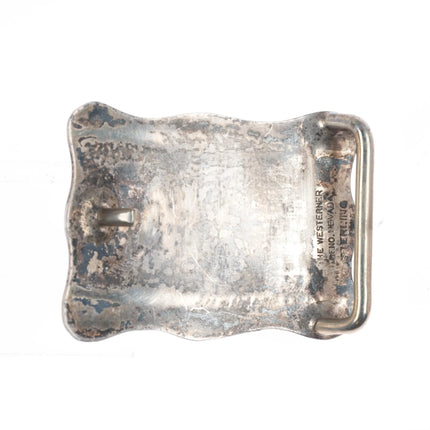 small The Westerner Reno Nevada hand engraved sterling silver belt buckle