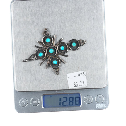 Large vintage Zuni snake eye turquoise sterling silver cross pendant