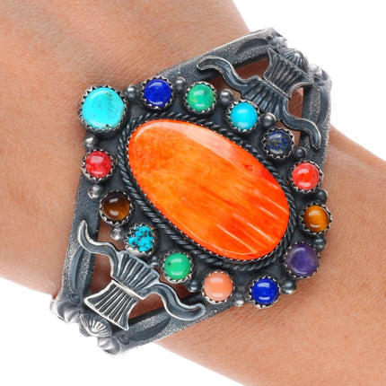 6.6" EL Billah Navajo sterling silver multi-stone spiny oyster cuff bracelet