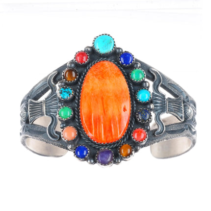 6.6" EL Billah Navajo sterling silver multi-stone spiny oyster cuff bracelet