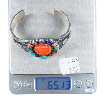 6.6" EL Billah Navajo sterling silver multi-stone spiny oyster cuff bracelet