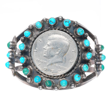6.6" 1972 Zuni Snake eye turquoise sterling silver cuff bracelet US dollar coin