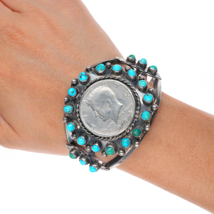 6.6" 1972 Zuni Snake eye turquoise sterling silver cuff bracelet US dollar coin
